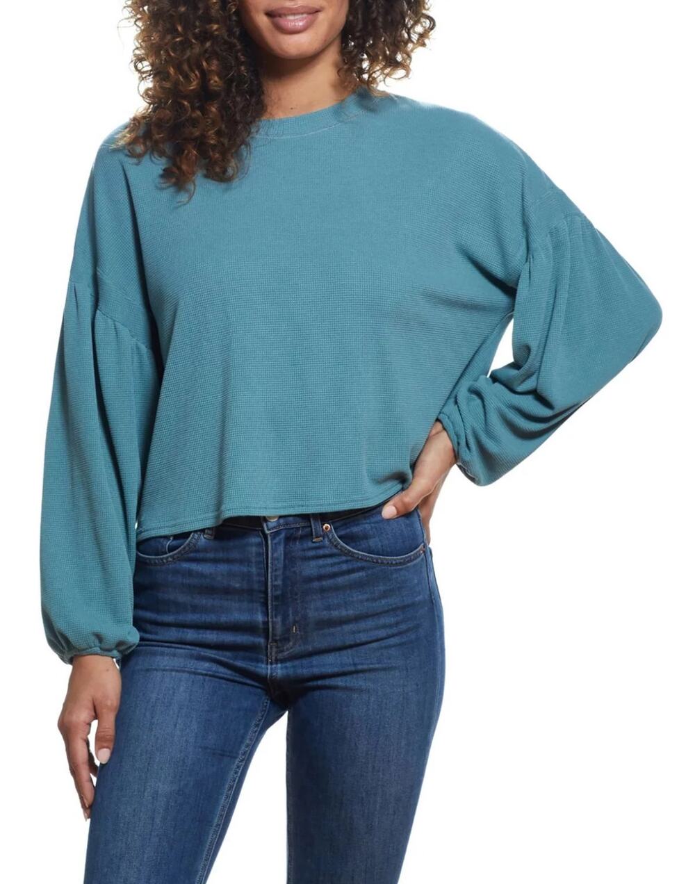 Weatherproof Vintage Pullover Top Waffle Knit Crew Neck Bishop Sleeve Green NWT